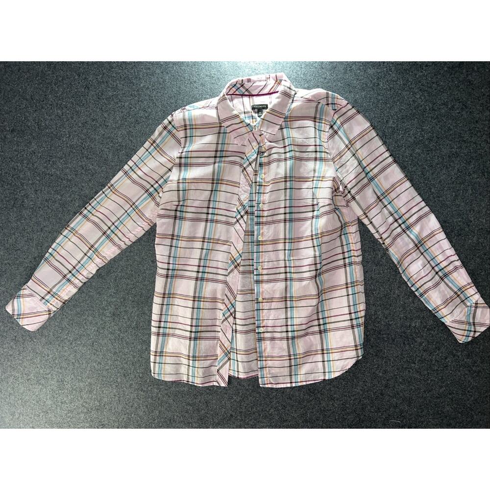 Talbots Ladies Shirt M Button Up Long Sleeves 100% Cotton Plaid Pink Blue